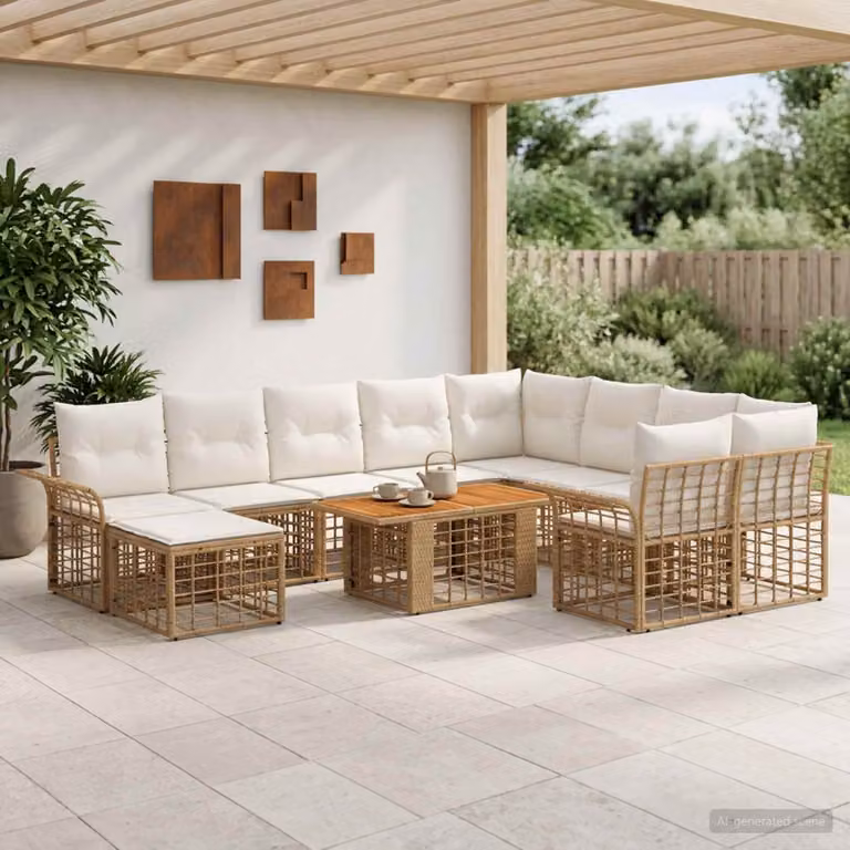 Set Divano da Giardino vidaXL 11 Pezzi in Polyrattan con Cuscini, Colore Naturale e Bianco Crema