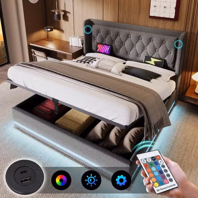Letto Contenitore Matrimoniale Imbottito con LED ¨C MINIMAL ¨C Grigio, 180x200, Idraulico, USB
