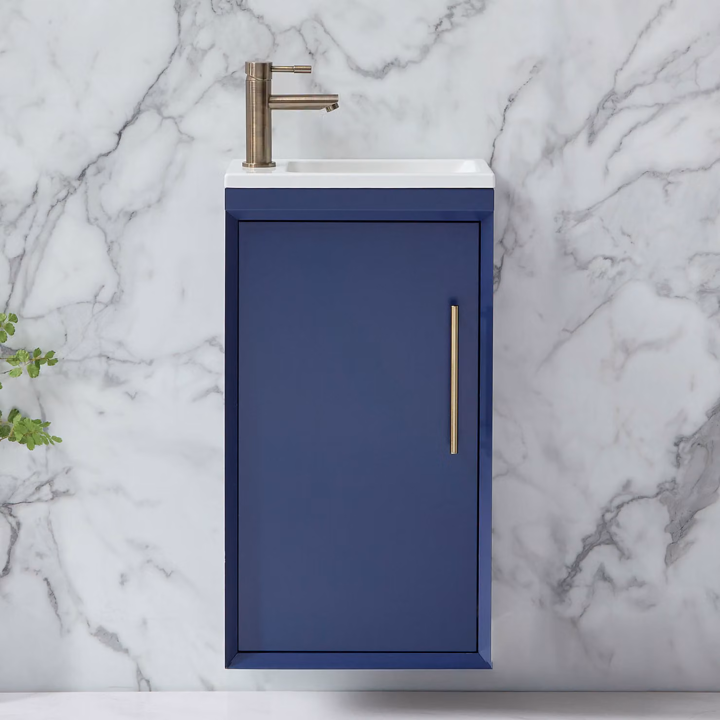 Mobile Bagno Sospeso Blu Marino 400mm con Lavabo e Maniglia con Barra a T Ottone Spazzolato - Edge