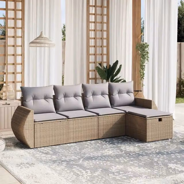Set Divano da Giardino 5 pz con Cuscini-Sofa da Giardino-Divanetto da esterno Beige Misto Polyrattan 877192