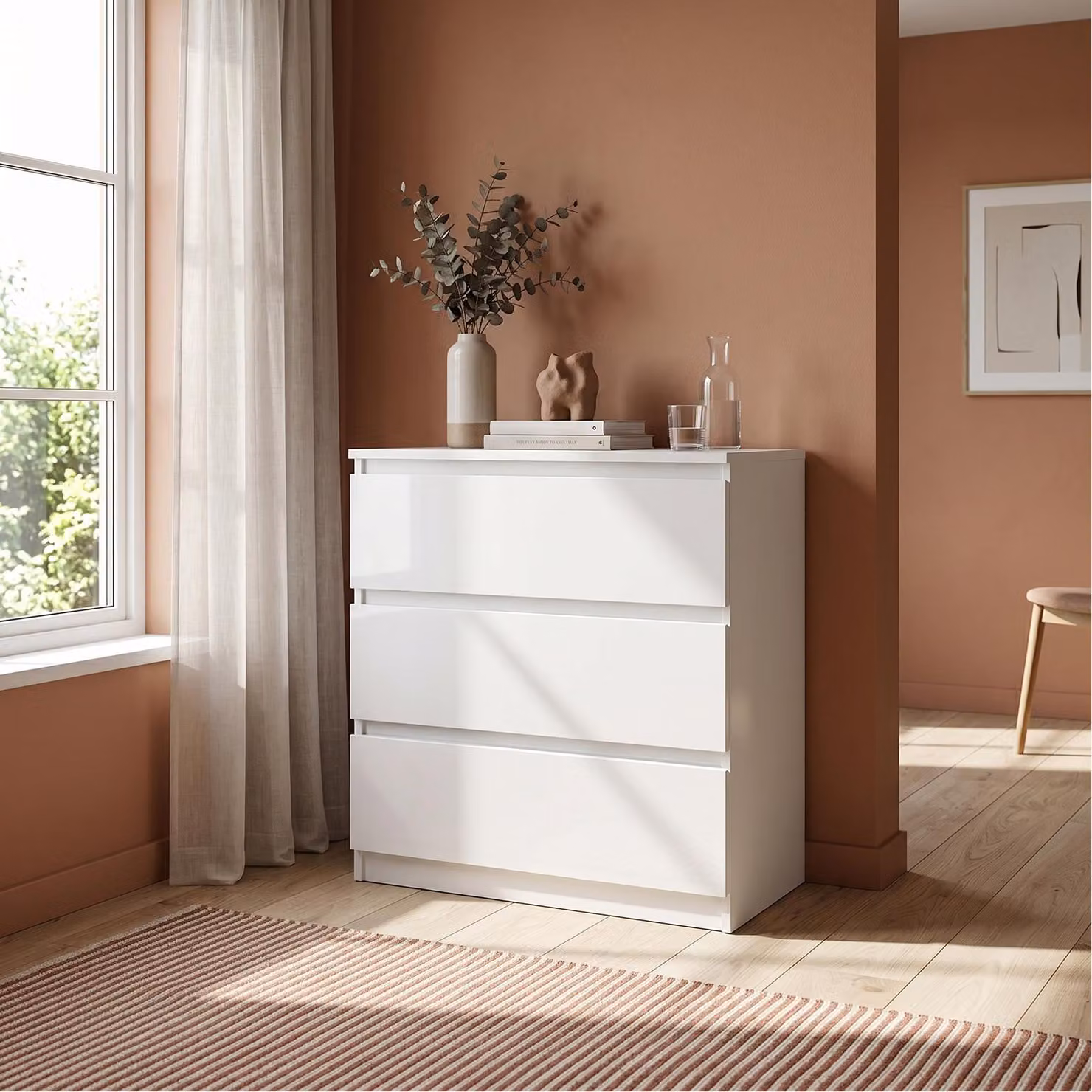 Comodà Masseno NUDO da 70 cm con 3 cassetti e ante, per soggiorno e camera da letto, stile moderno, 70x39x78,5 cm, bianco / bianco