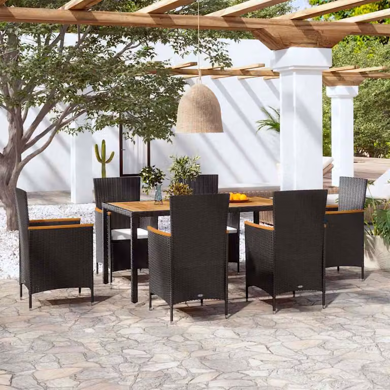 Set da pranzo da giardino vidaXL in polyrattan con cuscini e tavolo in legno di acacia, 7 pezzi