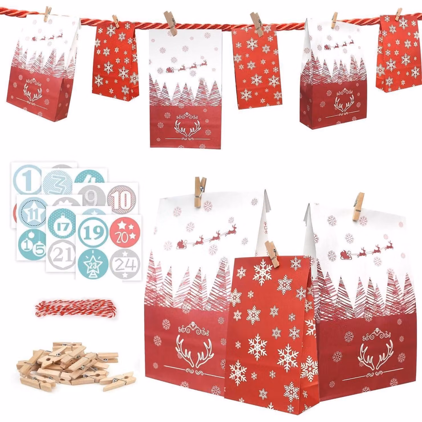 Calendario dell'Avvento 2026, ideale per essere riempito con sacchetti di carta. Set per creare sacchetti a forma di pinguino, nei colori rosso scuro e rosso