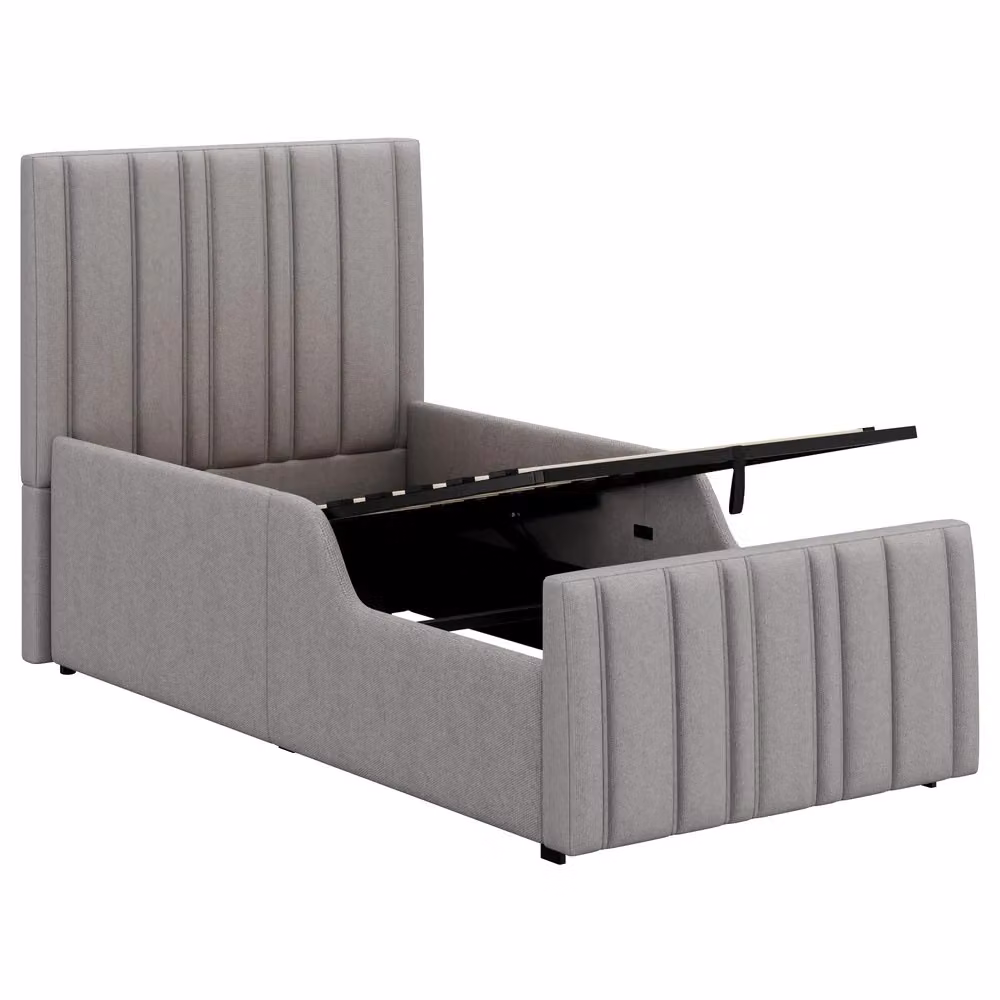 Letto singolo imbottito con contenitore Minimal grigio in tessuto con rete a doghe e testiera idraulica L/P/H: 90 x 200 cm – 2