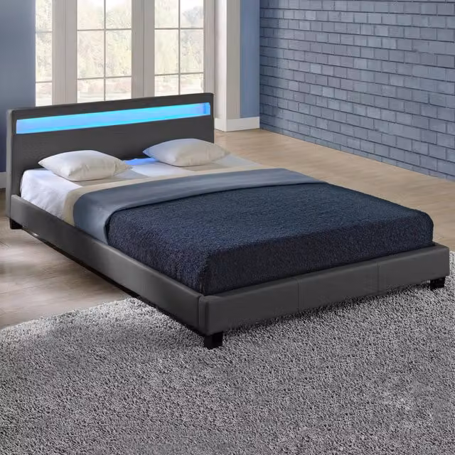 Letto Francese Imbottito Corium in Similpelle Grigio con Testiera Alta e Illuminazione a LED L/P: 140 x 200 cm