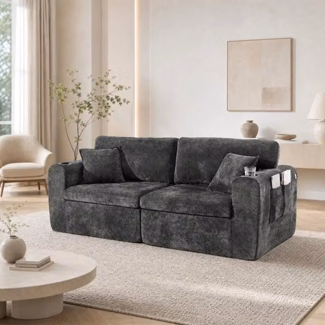 Divano 2 posti 220x100x89 cm in chenille nero, con tasca laterale, per piccoli spazi –