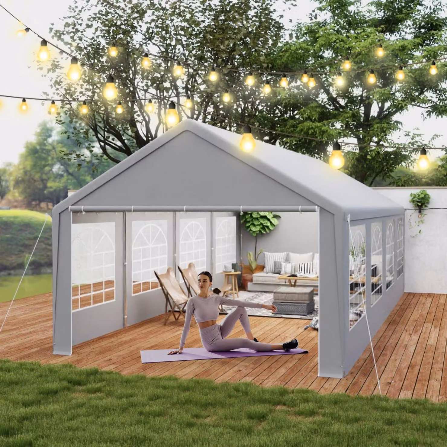 Tenda da festa 4x8 metri, colore grigio, impermeabile, con protezione UV, struttura in acciaio, tessuto in PE da 200g/m² e 130g/m², con finestre