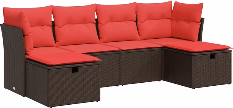 Set Divano da Giardino 6 pz con Cuscini Marrone in Polyrattan