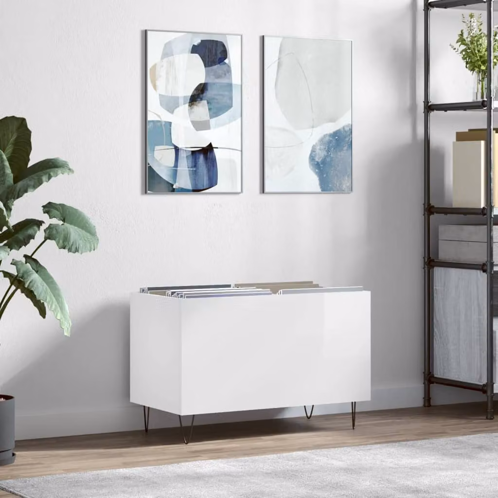 vidaXL Mobile Porta Dischi Bianco Lucido in Legno e Metallo L: 74,5 cm, P: 38 cm, H: 48 cm
