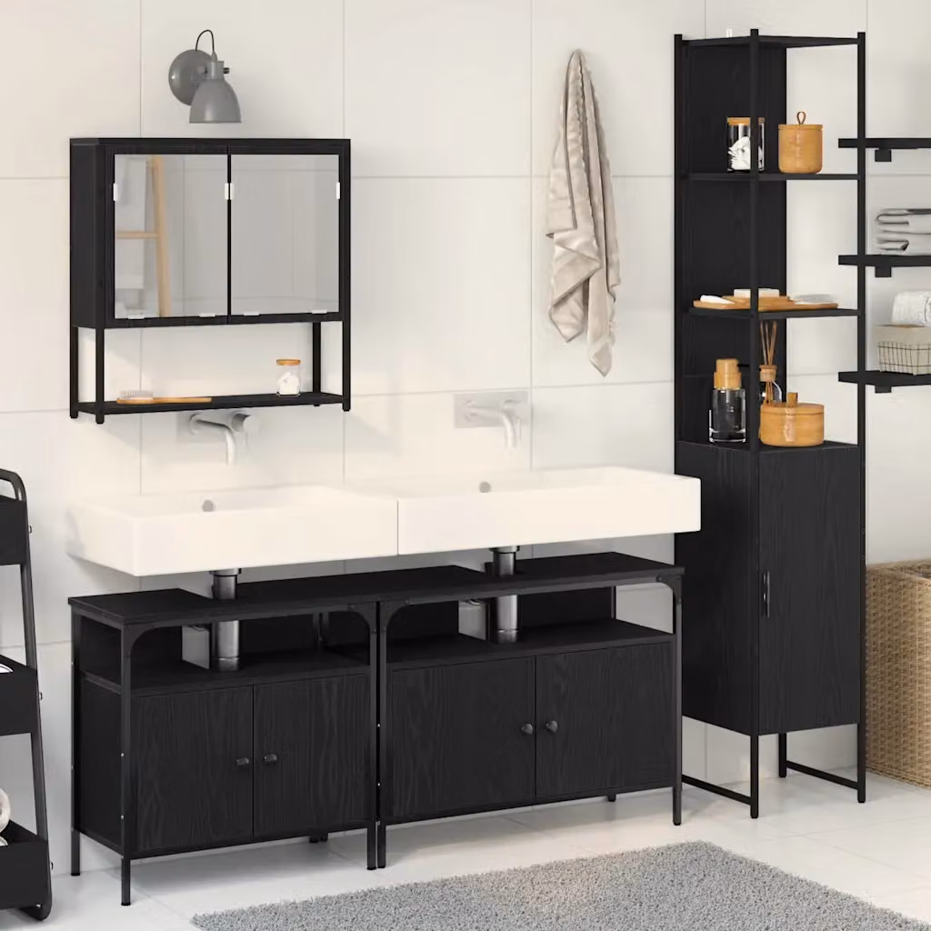 Set di mobili da bagno moderno vidaXL in nero opaco composto da armadietto con specchio, mobile lavabo e colonna alta