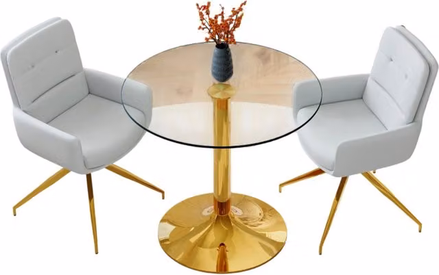 Set tavolo e sedie 85 cm x 76 cm in vetro temperato e metallo oro, 2 posti