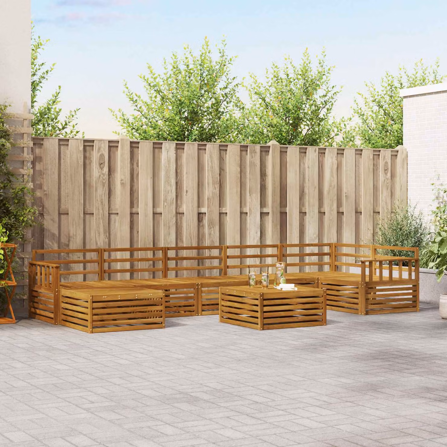 vidaXL Set di divani da esterno a L in legno di acacia marrone con 8 pezzi, tavolo da caffè e pouf inclusi