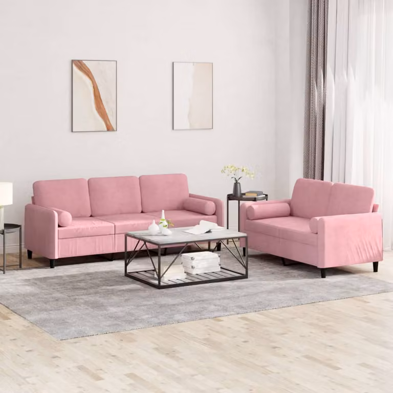 Set di divani vidaXL composto da un divano a 2 posti e uno a 3 posti in velluto rosa con cuscini coordinati per il tuo soggiorno moderno