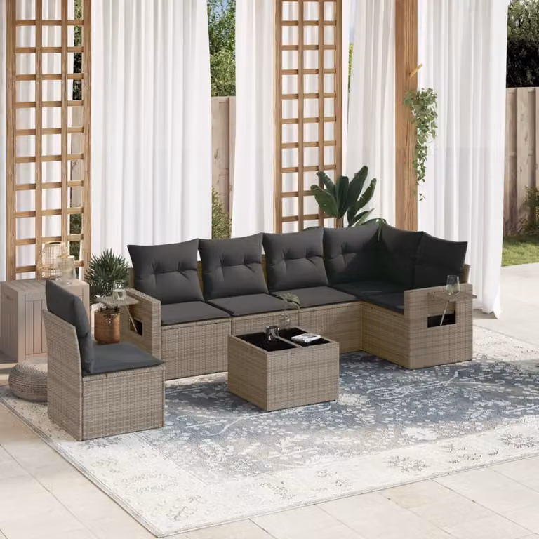 Set di divani da giardino vidaXL in polyrattan grigio con 7 pezzi e cuscini inclusi
