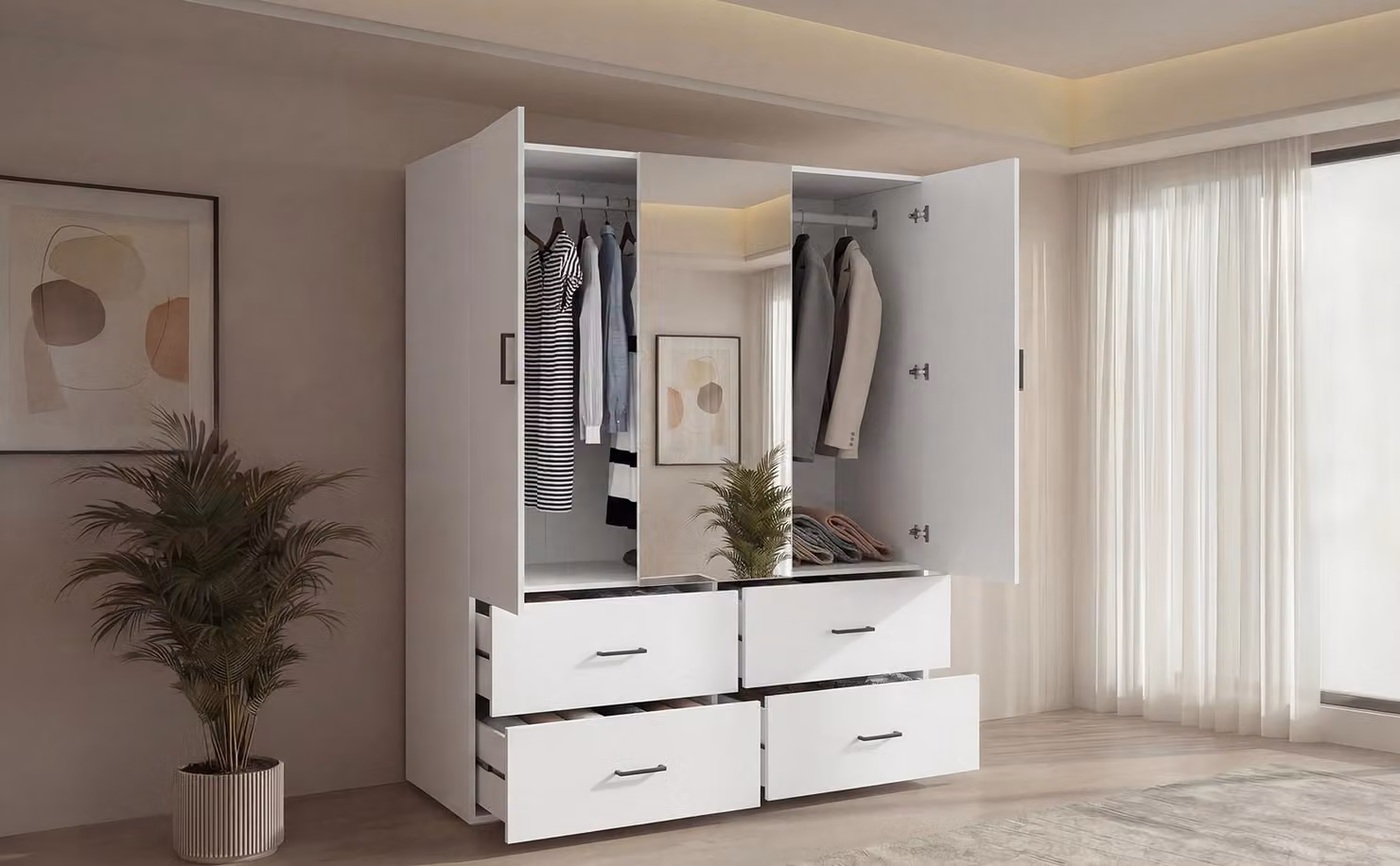 Armadio ProximaX con specchio 130 cm bianco – Armadio a 4 cassetti, spazio contenitivo, camera da letto moderna