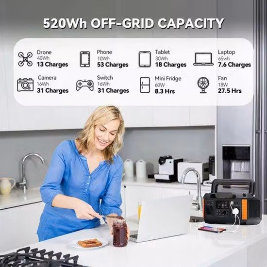 Generatore portatile a batteria con pannello solare - 520Wh di capacità di accumulo - inverter con onda sinusoidale pura - multiple prese