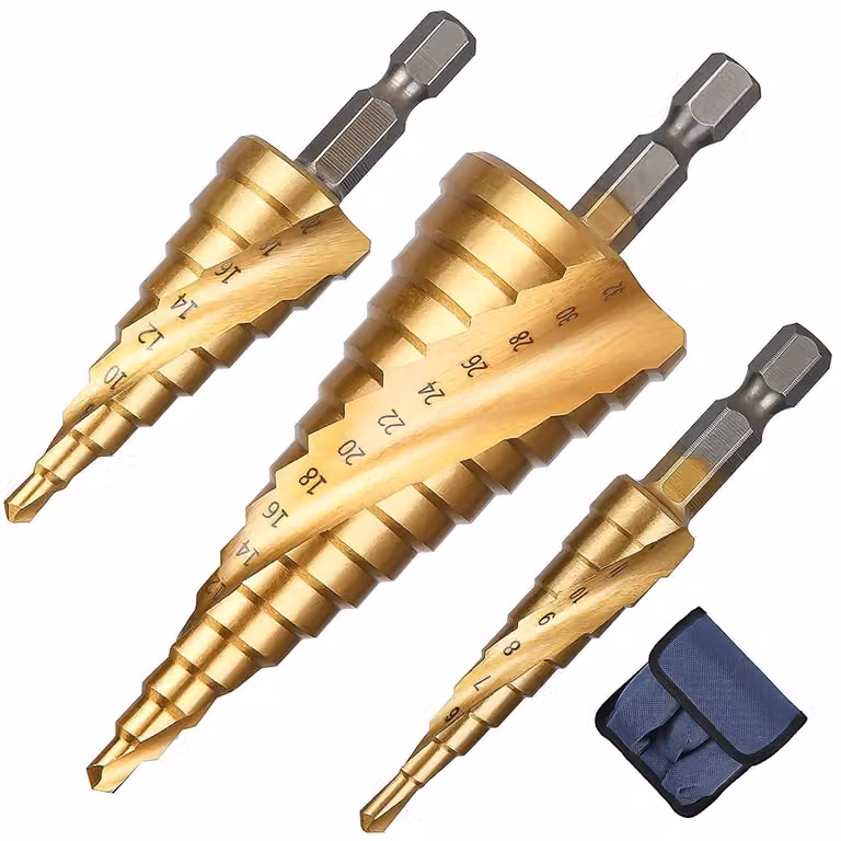 Trapano a gradoni in HSS, set di 3 trapani a gradoni, ricambio per trapano a tazza, trapano a spirale conico di precisione, da 4 mm a 12/20/32 mm, trapano per metalli professionale con rivestimento in titanio