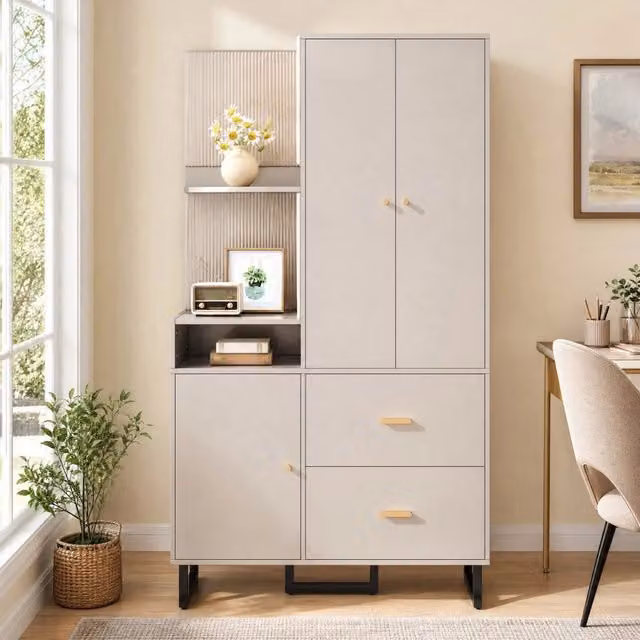 Guardaroba compatto da ingresso con 2 cassetti e barra appendiabiti estraibile; MDF; grigio beige
