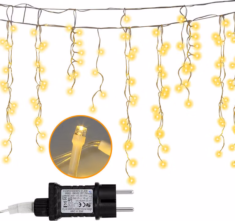 Jopassy 20m LED pioggia di ghiaccio fata luci all'aperto indoor 600 LED decorazione LED ghiacciolo 8 modalità con spina Natale festa giardino IP44 bianco caldo