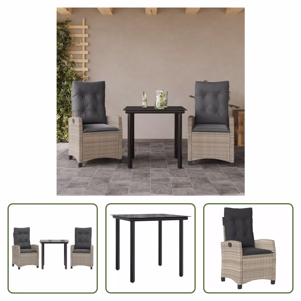 The Living Store Set da pranzo da giardino 3 pezzi con cuscini in rattan grigio chiaro