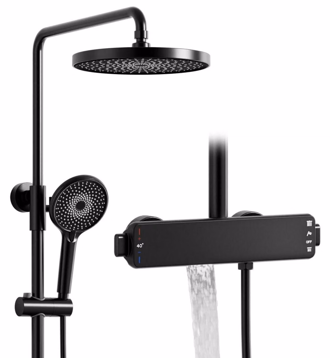 Sistema doccia con termostato, diametro 260 mm, doccia a pioggia, ottone, acciaio inossidabile, colore nero