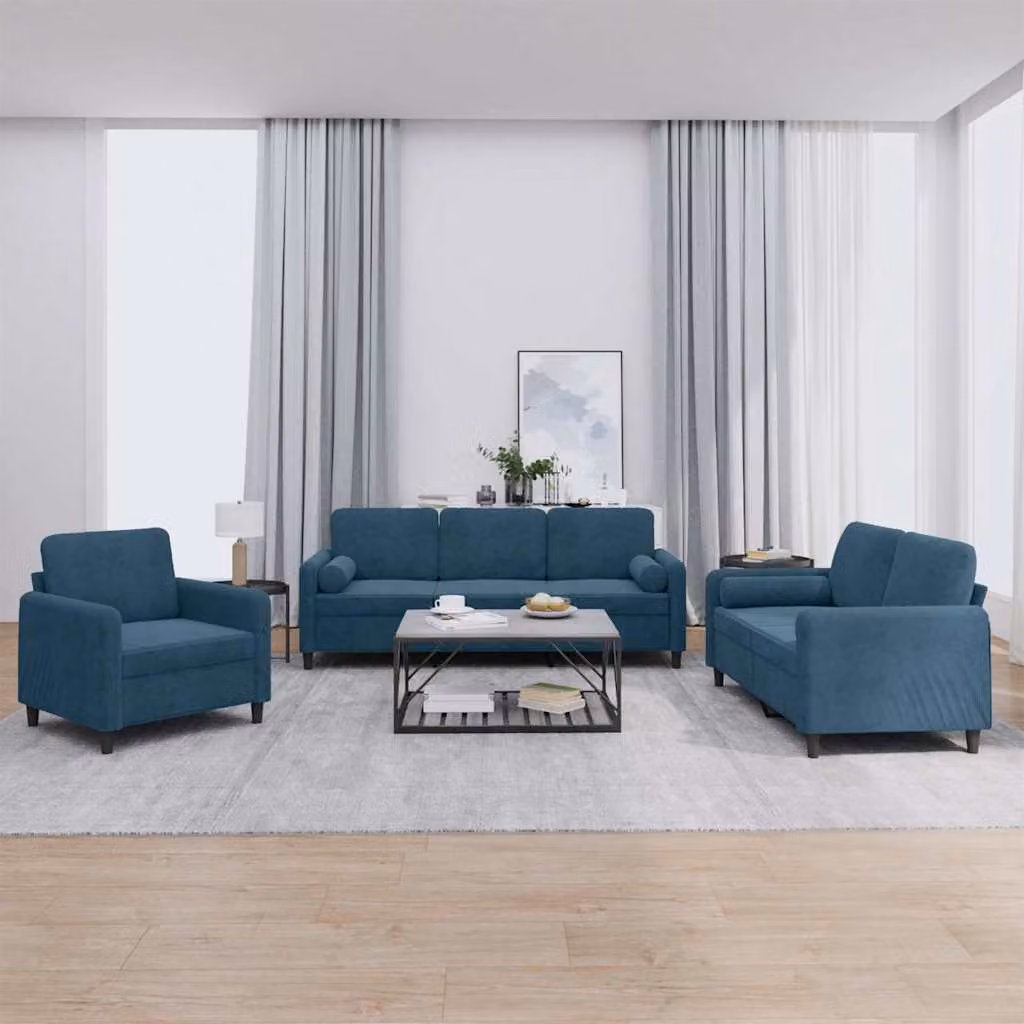Set di divani 3 pezzi vidaXL in velluto blu con cuscini per soggiorno moderno – 1