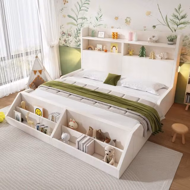 Letto Matrimoniale 140x200 in Legno Bianco con Luci Notturne; Mensola Portaoggetti e Libreria Rimovibile
