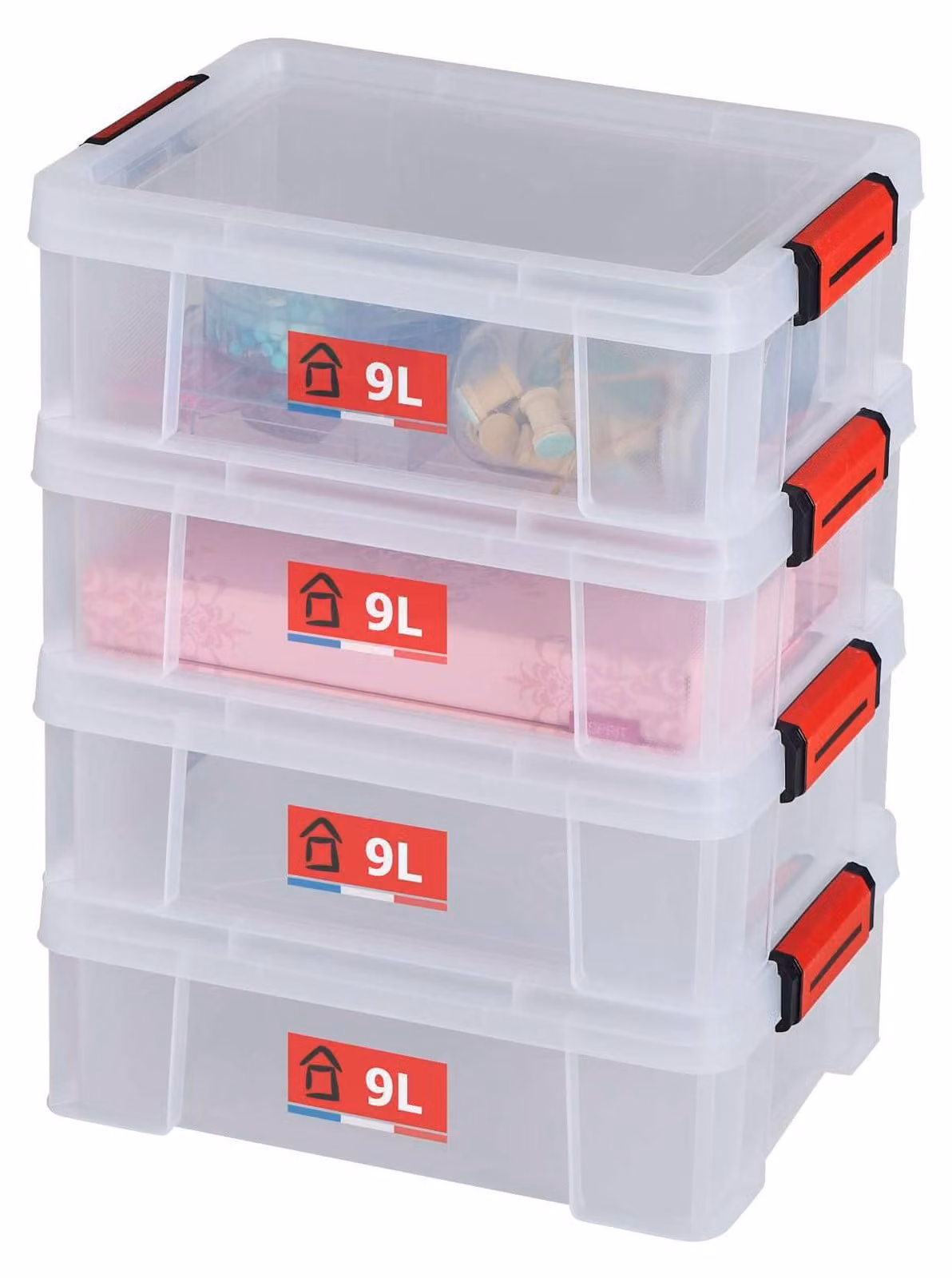 SUNDIS Clip'N Store, set di 4 contenitori per alimenti da 9 litri con coperchio a scatto, trasparenti