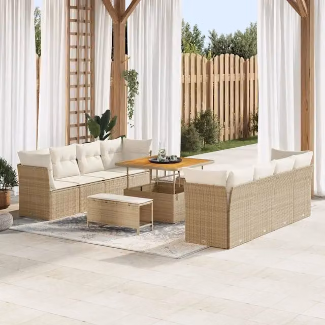 Set Divano da Giardino vidaXL a 8 Posti con Tavolino e Ottoman, Design Moderno a U, Colore Beige con Cuscini Inclusi