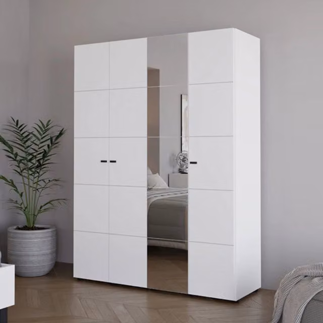 Armadio da camera da letto DMORA con ante a battente e specchio, Bianco Opaco, L: 155 cm, H: 208 cm