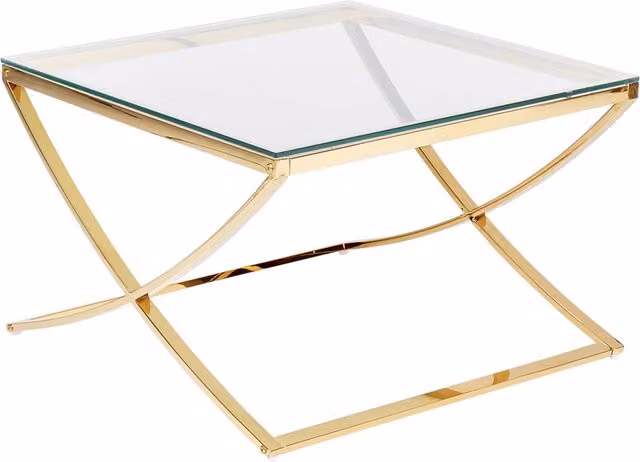 Tavolino da caffè Beliani con piano in vetro quadrato e struttura in metallo oro lucido stile glamour per soggiorno L: 70 cm, P: 70 cm, H: 45 cm