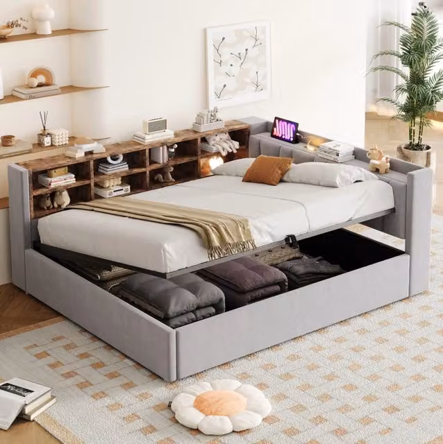 Letto imbottito 140x200 cm con contenitore idraulico; USB-Type C; luce notturna; velluto grigio chiaro
