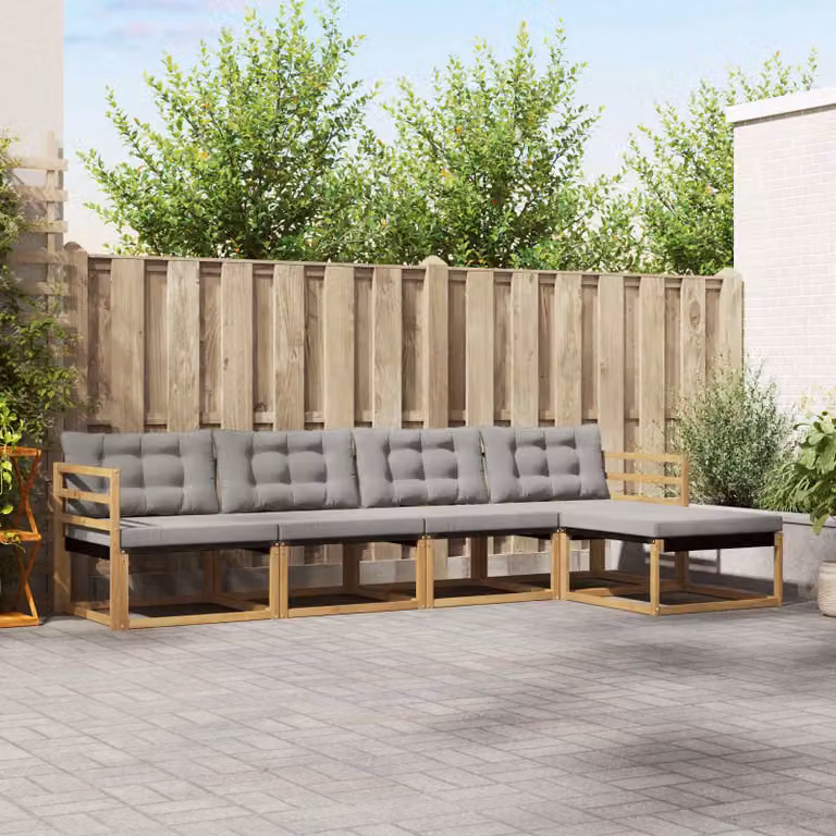 Set di divani da esterno vidaXL a forma di L con pouf, struttura in legno di acacia e sedute in textilene, Bianco e Grigio Chiaro