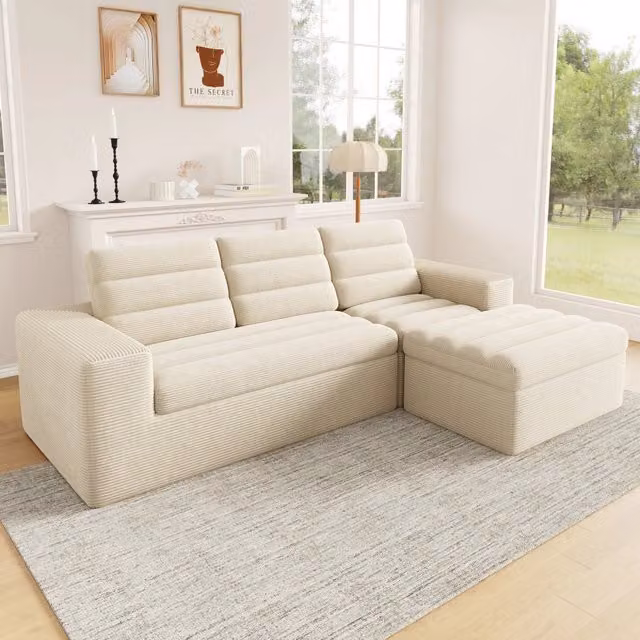 Divano angolare modulare a L senza telaio con sedute componibili in velluto a coste beige 253 × 161 × 89 cm