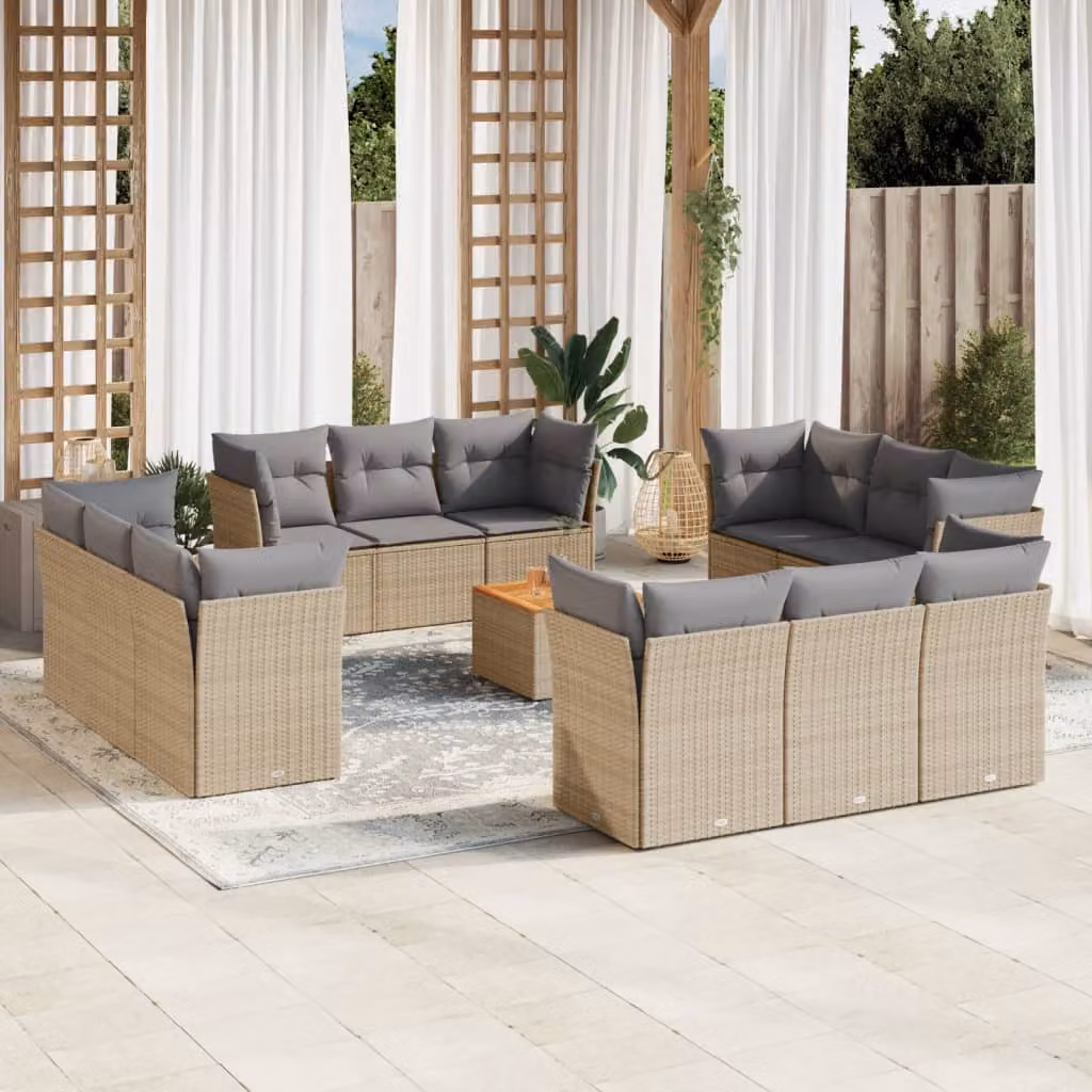 vidaXL Set Divano da Giardino a L 13 pz in Polyrattan con Cuscini Beige e Grigio e Tavolino da Caffè – 1