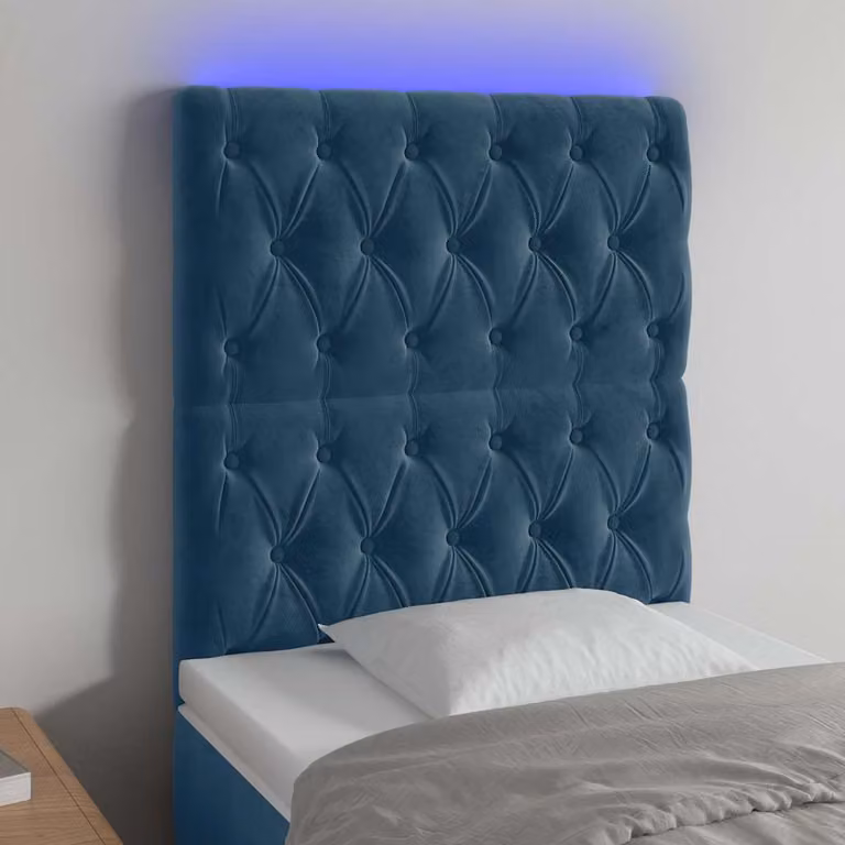Testiera per letto vidaXL in velluto blu scuro con illuminazione LED integrata e porta di ricarica USB, L: 80 cm, P: 7 cm, H: 118-128 cm