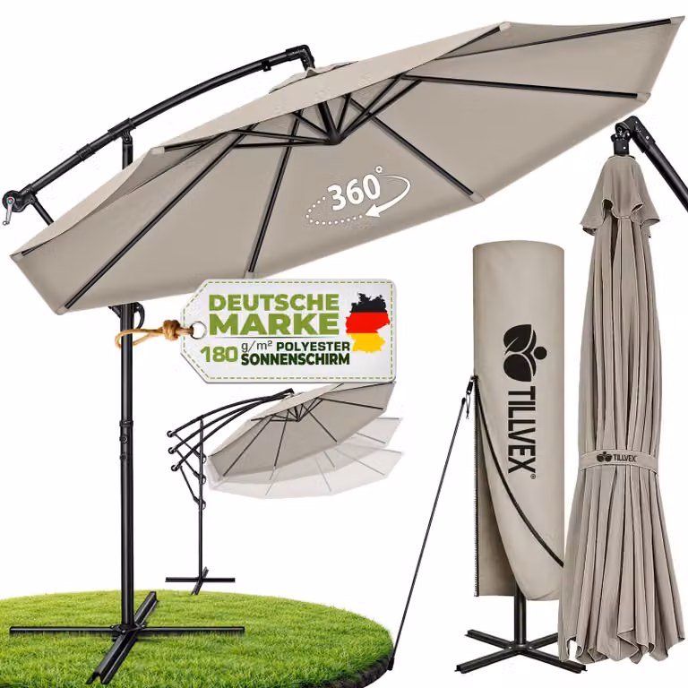 Ombrellone Tillvex Taupe Ø 300 cm Ombrellone a braccio laterale Ombrellone da giardino Ombrellone da mercato Ombrellone con manovella da balcone in alluminio inclinabile