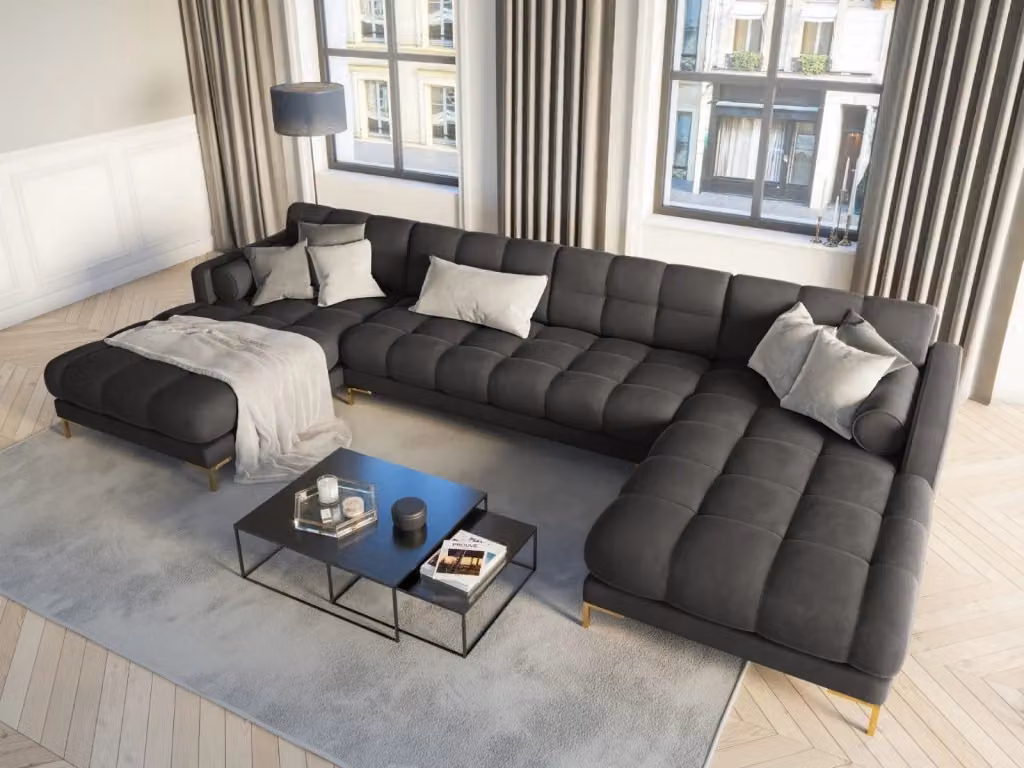 Divano panoramico Bali di Cosmopolitan Design in velluto grigio scuro con struttura in metallo oro, 7 posti, forma a L con orientamento a sinistra L: 383 cm, P: 155 cm, H: 75 cm – 2