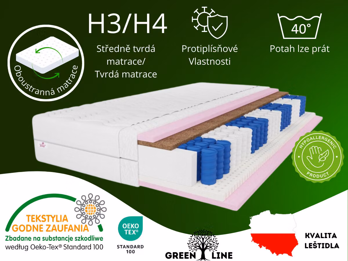 Materasso a molle insacchettate MARPUR, 100x200 cm, Comfort, 7 zone, rigidità H3/H4, altezza 20 cm, con strato in lattice e cocco