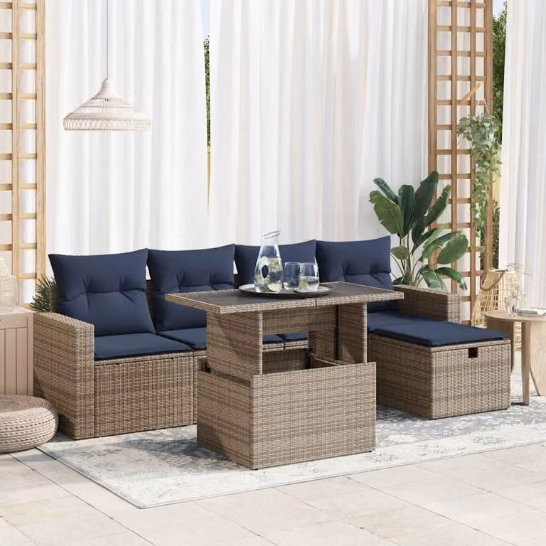 Set Divano da Giardino vidaXL 6 Pezzi in Polyrattan con Cuscini e Tavolino da Esterno Grigio e Blu