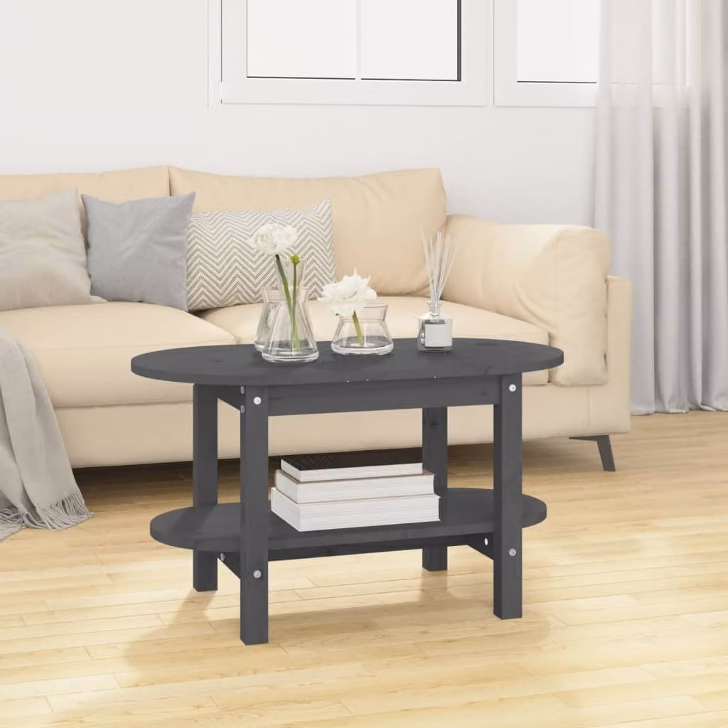 The Living Store Tavolino grigio 80x45x45 cm in legno di pino massiccio