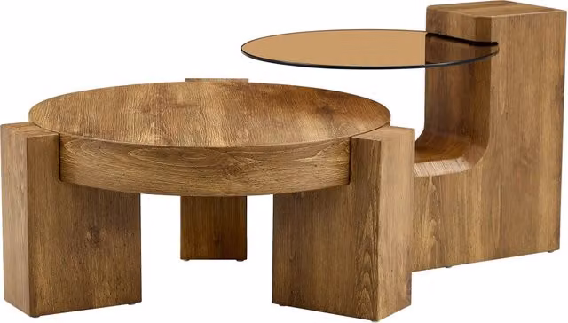 Set di 2 tavolini rotondi a due livelli REDOM in MDF effetto legno e vetro marrone, Diametro: 61 cm