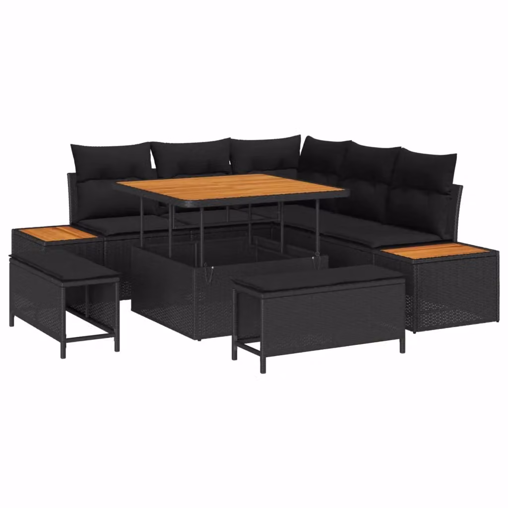Set Divano da Giardino vidaXL a Forma di L con 8 Pezzi, Nero, in Poly Rattan con Cuscini e Tavolino da Esterno – 2