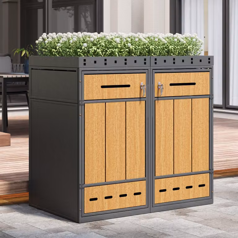 Flieks Box per bidoni della spazzatura singolo, box per bidoni della spazzatura per 2 bidoni da 120-240 L, armadio per bidoni della spazzatura con tetto verde, box per bidoni della spazzatura 132x80x124 cm, grigio