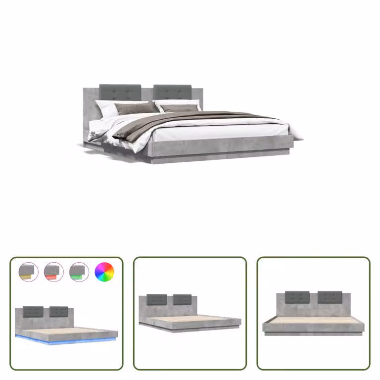 The Living Store Struttura letto con testiera e luci LED grigio cemento 200x200 cm