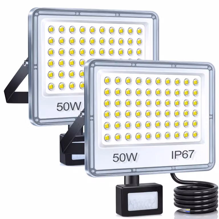Fari a LED da 50 W con sensore di movimento, confezione da 2, colore nero, grado di protezione IP67