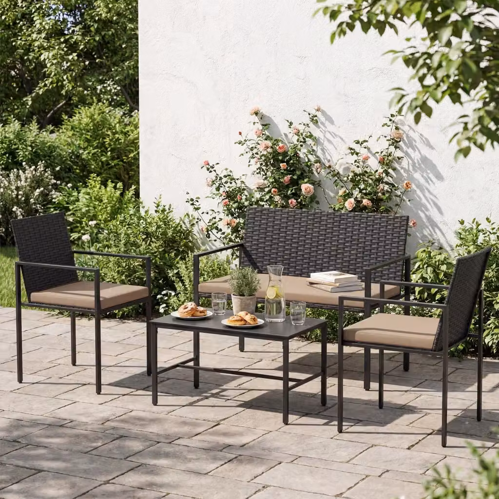Set da giardino in polyrattan a 4 pezzi con divano a 2 posti, poltrone, tavolino in vetro temperato e cuscini imbottiti, Giallo e Nero – 2