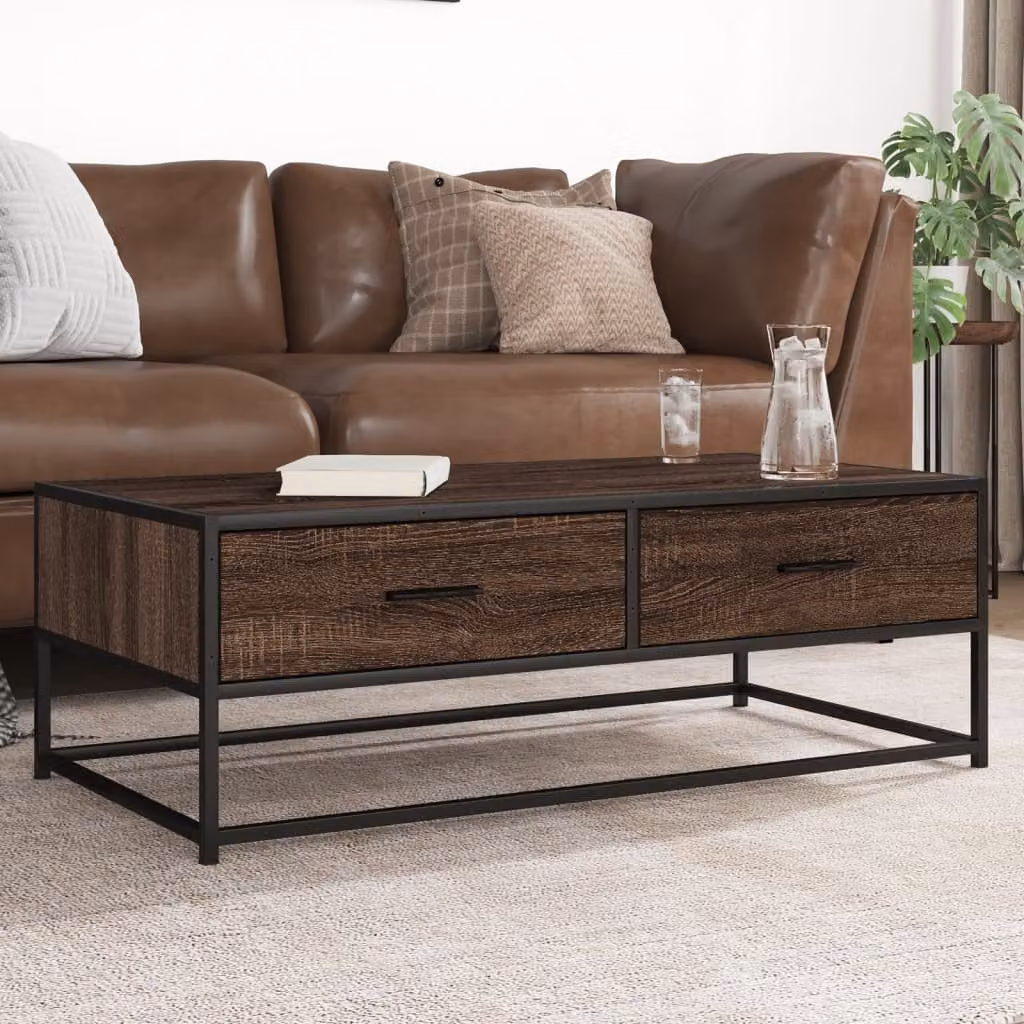 Tavolino da salotto vidaXL in stile industriale con piano in legno rovere e struttura in metallo, colore marrone, L 100 x P 50 x H 35 cm