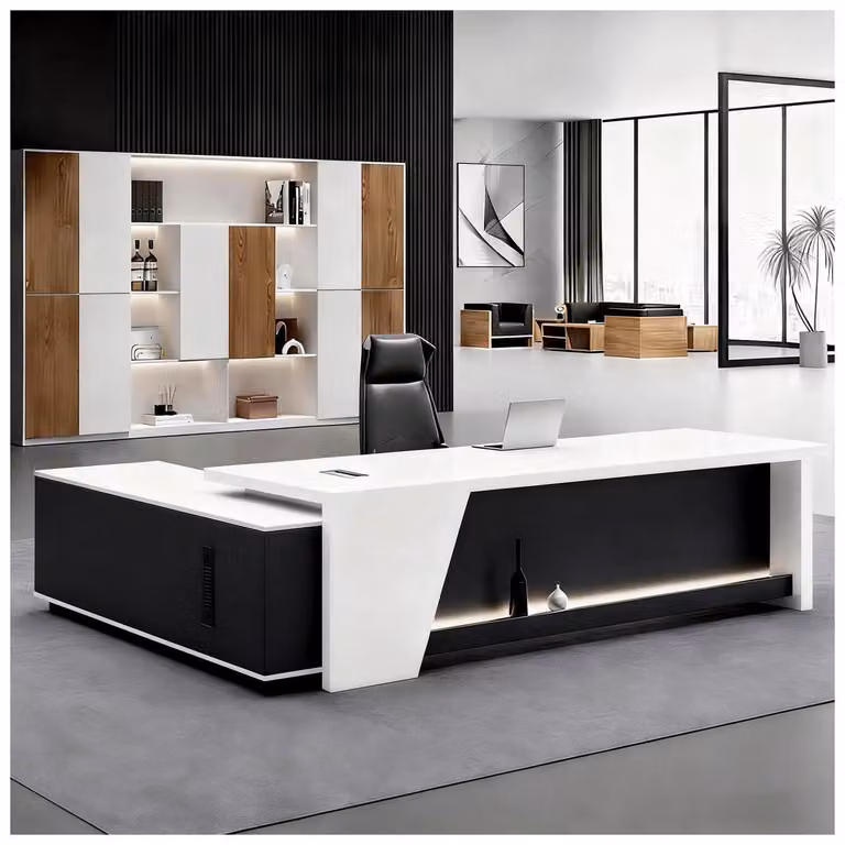 Scrivania a forma di L con spazio contenitivo, dimensioni 150x60x75 cm, colore nero e bianco