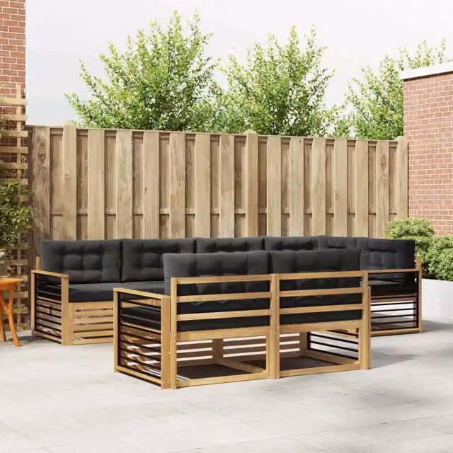 Set di divani da esterno a L vidaXL in legno di acacia con cuscini, Bianco e Antracite – 1